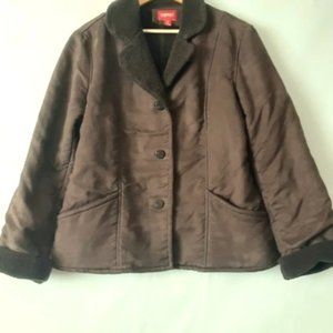 Esprit brown faux suede coat sherpa lined button front collared jacket women XL
